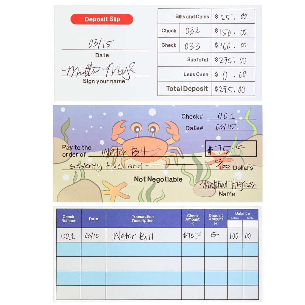 Prop Money Checkbook Set - Sea Animal Theme Fake Checks for Kids - Financial Literacy Homeschool Math Manipulatives - 150 Sheets