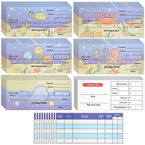 Prop Money Checkbook Set - Sea Animal Theme Fake Checks for Kids - Financial Literacy Homeschool Math Manipulatives - 150 Sheets