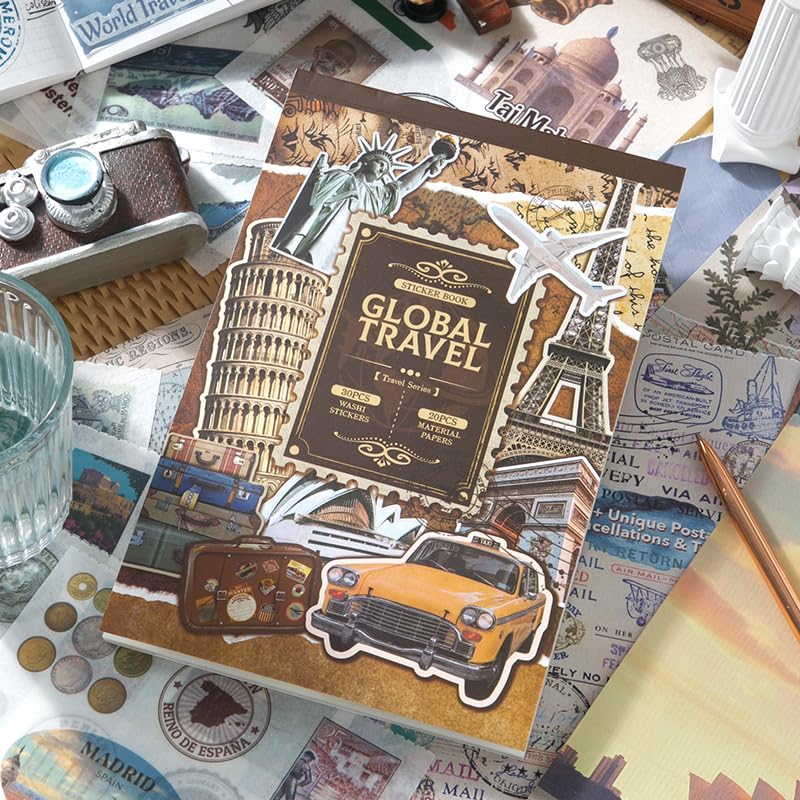 PRSTINCOL Vintage Travel Washi Stickers & Papers - 50 Sheet Ephemera Book for Scrapbooking and Art Journaling