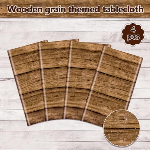 PTECDROTS 4-Pack Brown Wood Grain Tablecloths, 51x86 Inch Disposable PE Table Covers for Rustic Parties