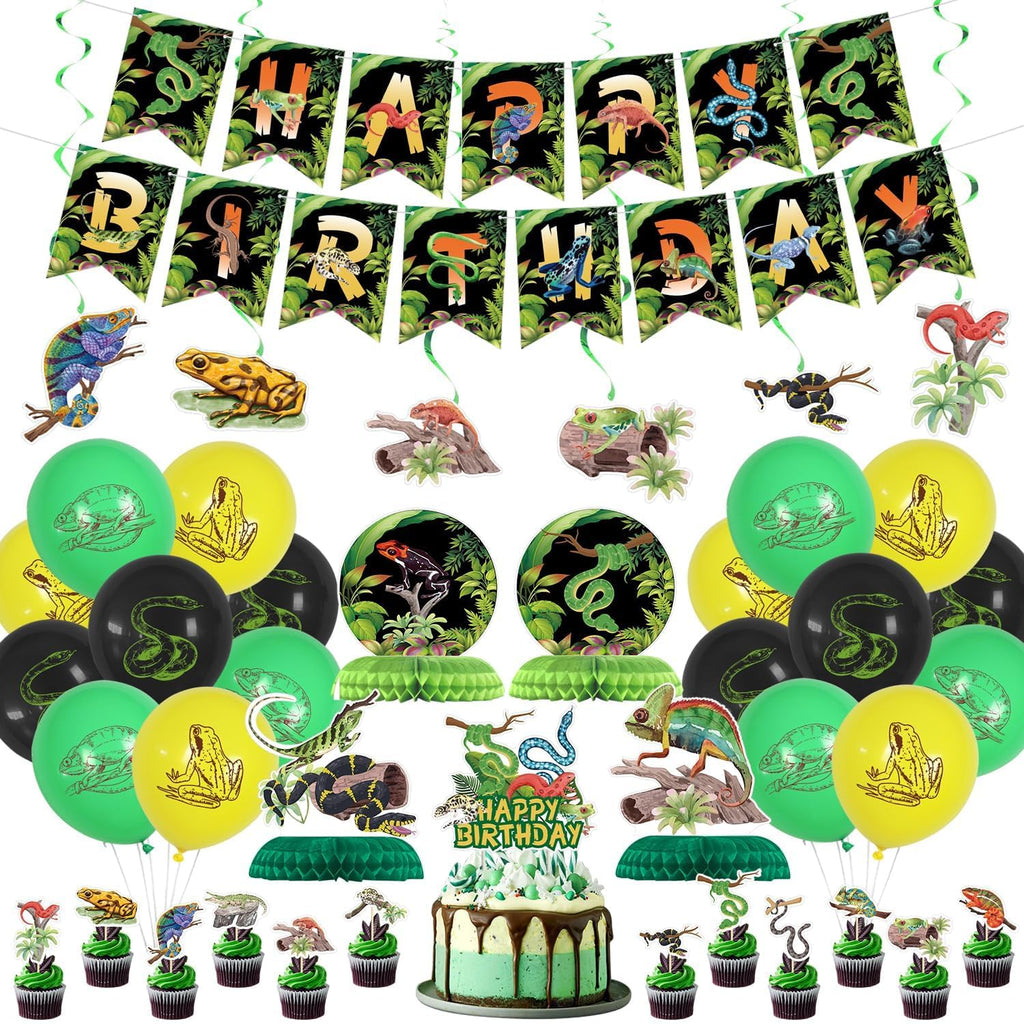 PTECDROTS Reptile Party Decorations – 42-Piece Set with Balloons, Banner, Cake Topper & Centerpieces