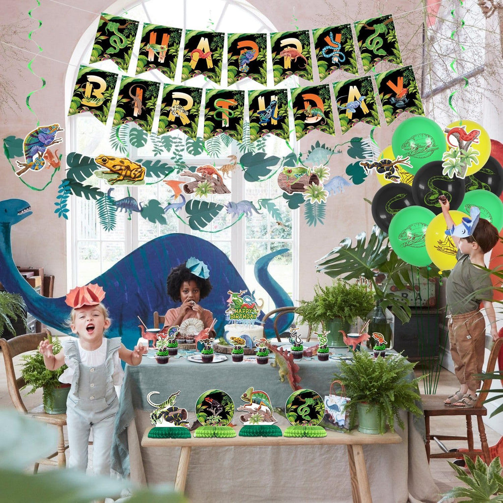 PTECDROTS Reptile Party Decorations – 42-Piece Set with Balloons, Banner, Cake Topper & Centerpieces