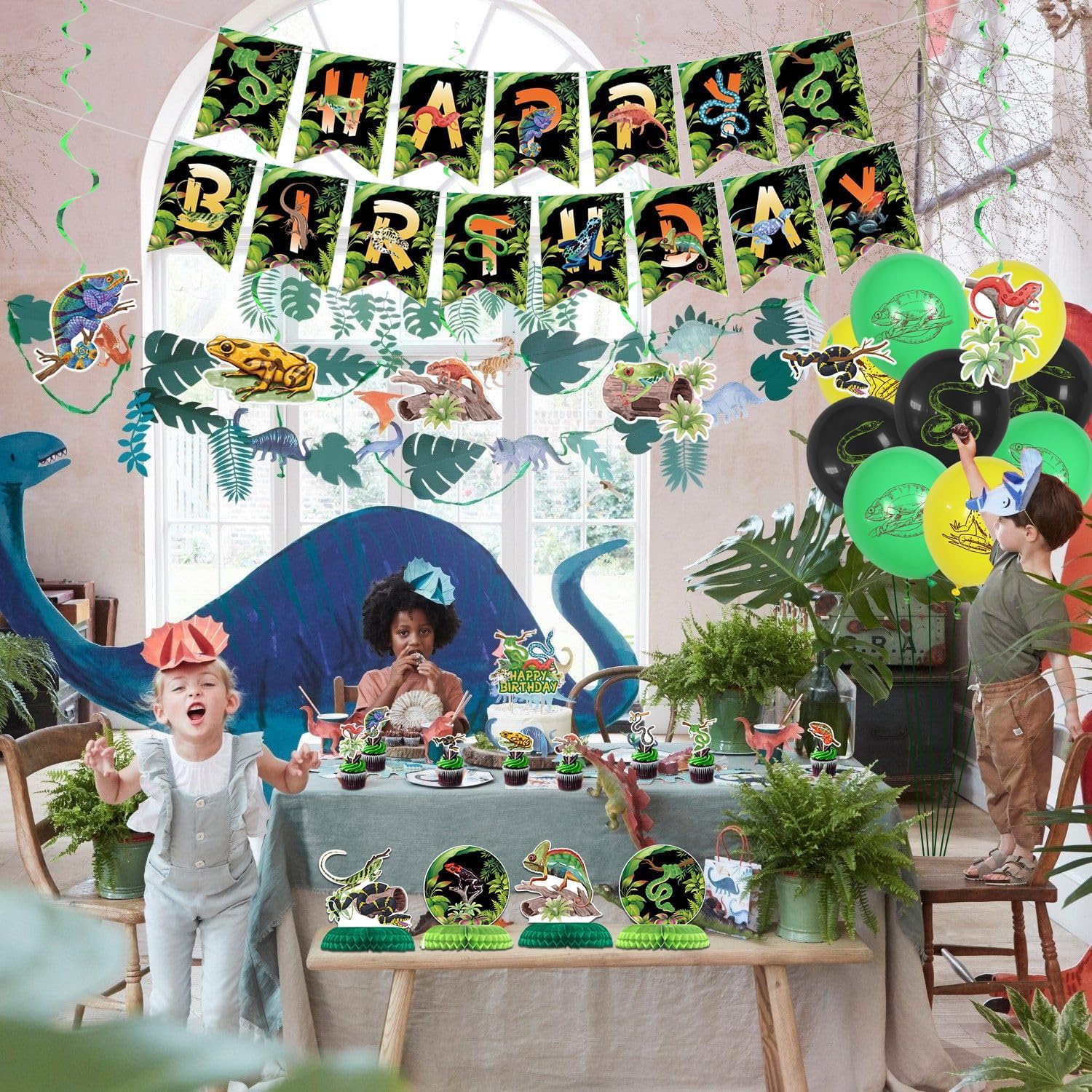 PTECDROTS Reptile Party Decorations – 42-Piece Set with Balloons, Banner, Cake Topper & Centerpieces