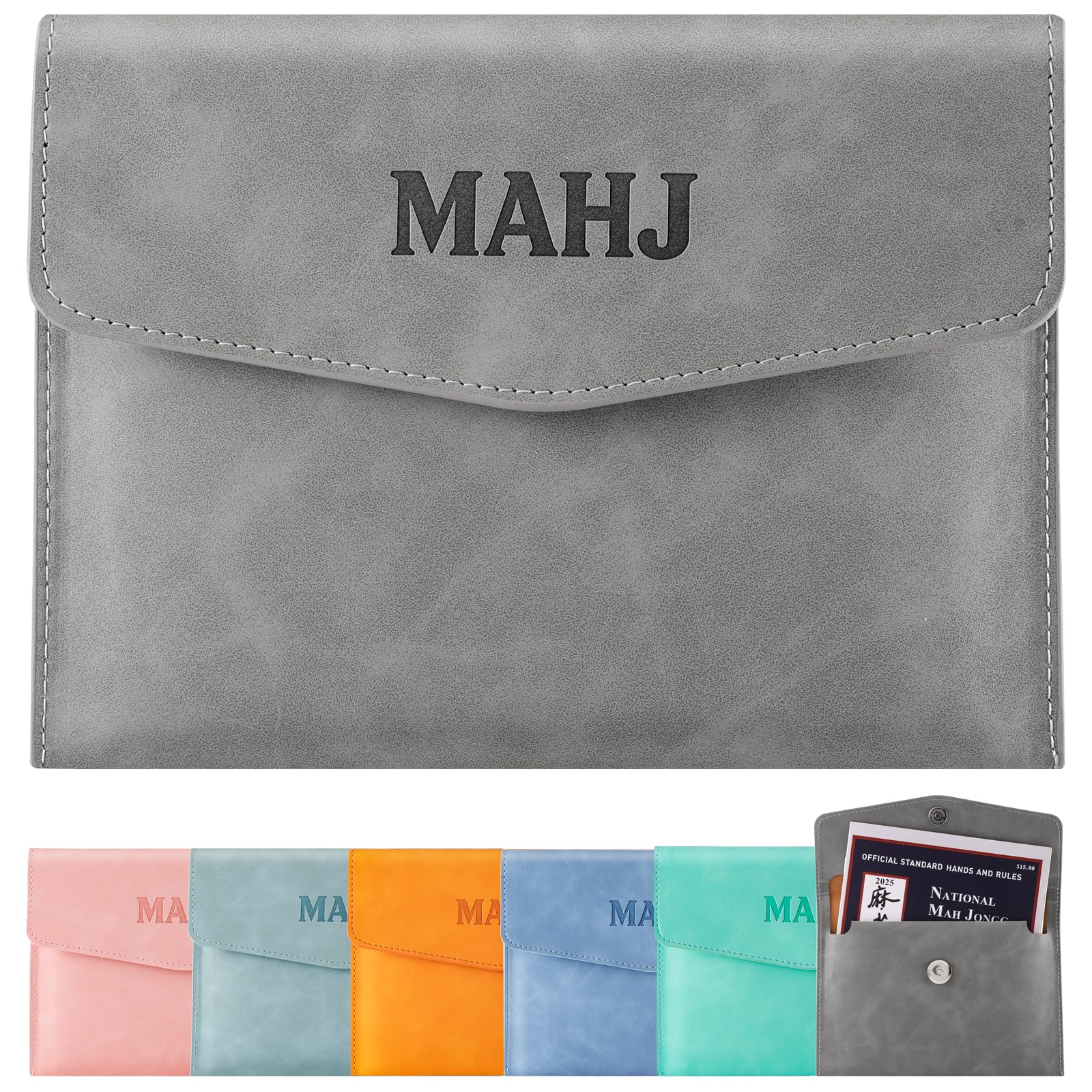PU Leather Mahjong Card Holder with Magnetic Snap – Medium Gray