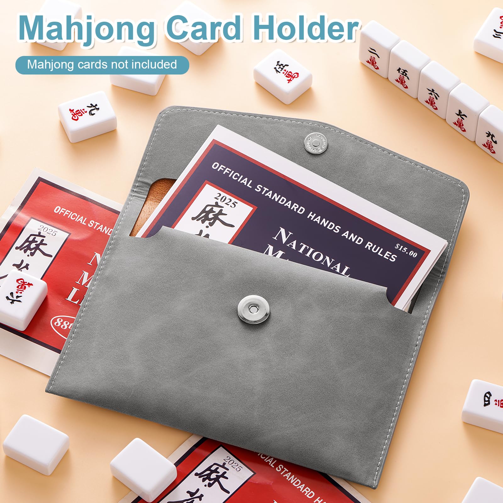 PU Leather Mahjong Card Holder with Magnetic Snap – Medium Gray
