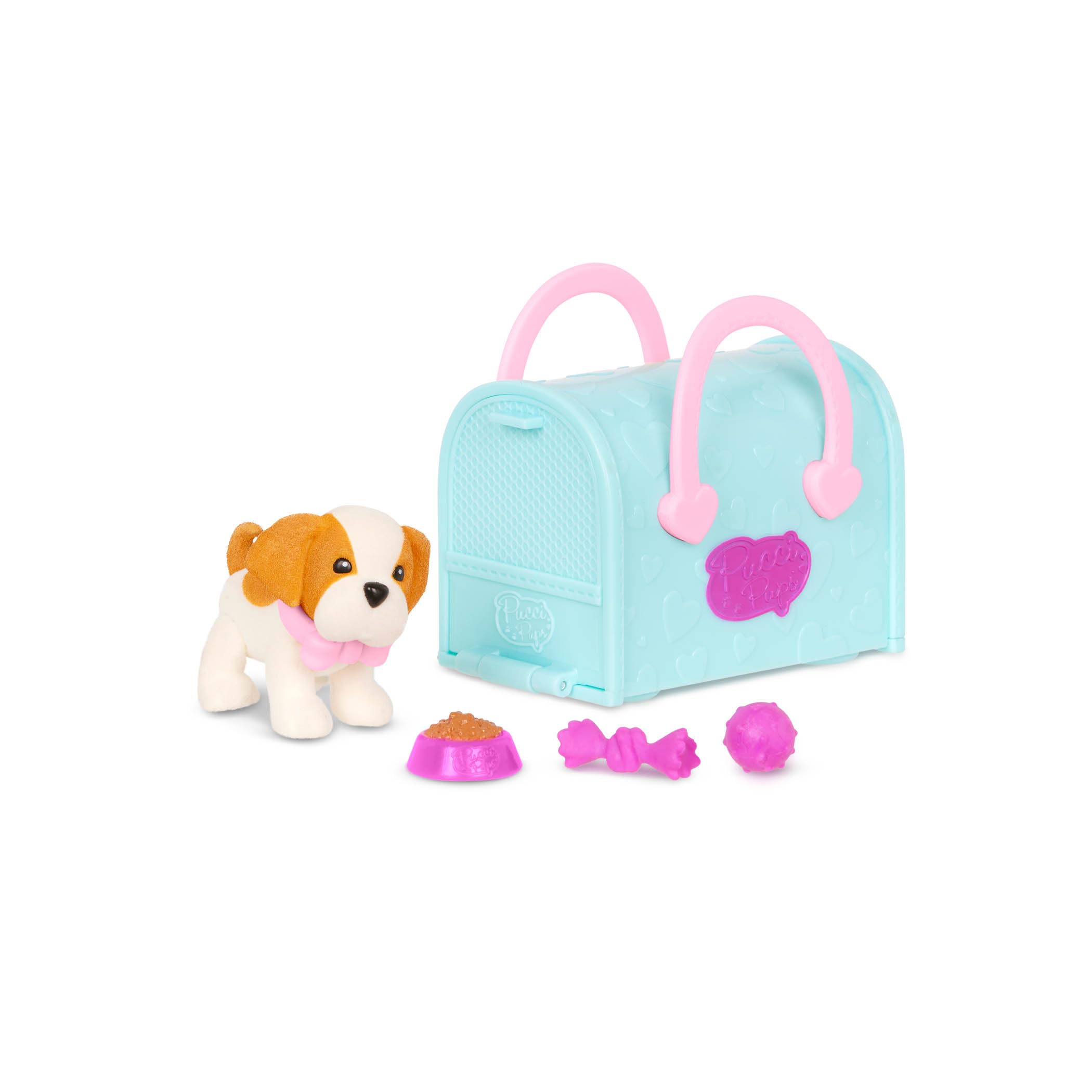 Pucci Pups 18-Piece Collectible Puppy Set – Boston Terrier, Pug, Shih Tzu with Carrier Purses and Accessories