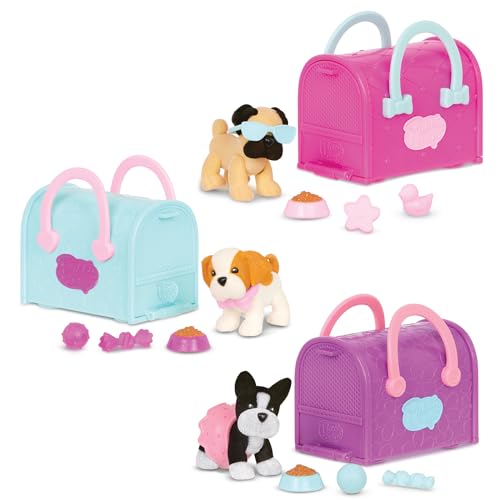 Pucci Pups 18-Piece Collectible Puppy Set – Boston Terrier, Pug, Shih Tzu with Carrier Purses and Accessories