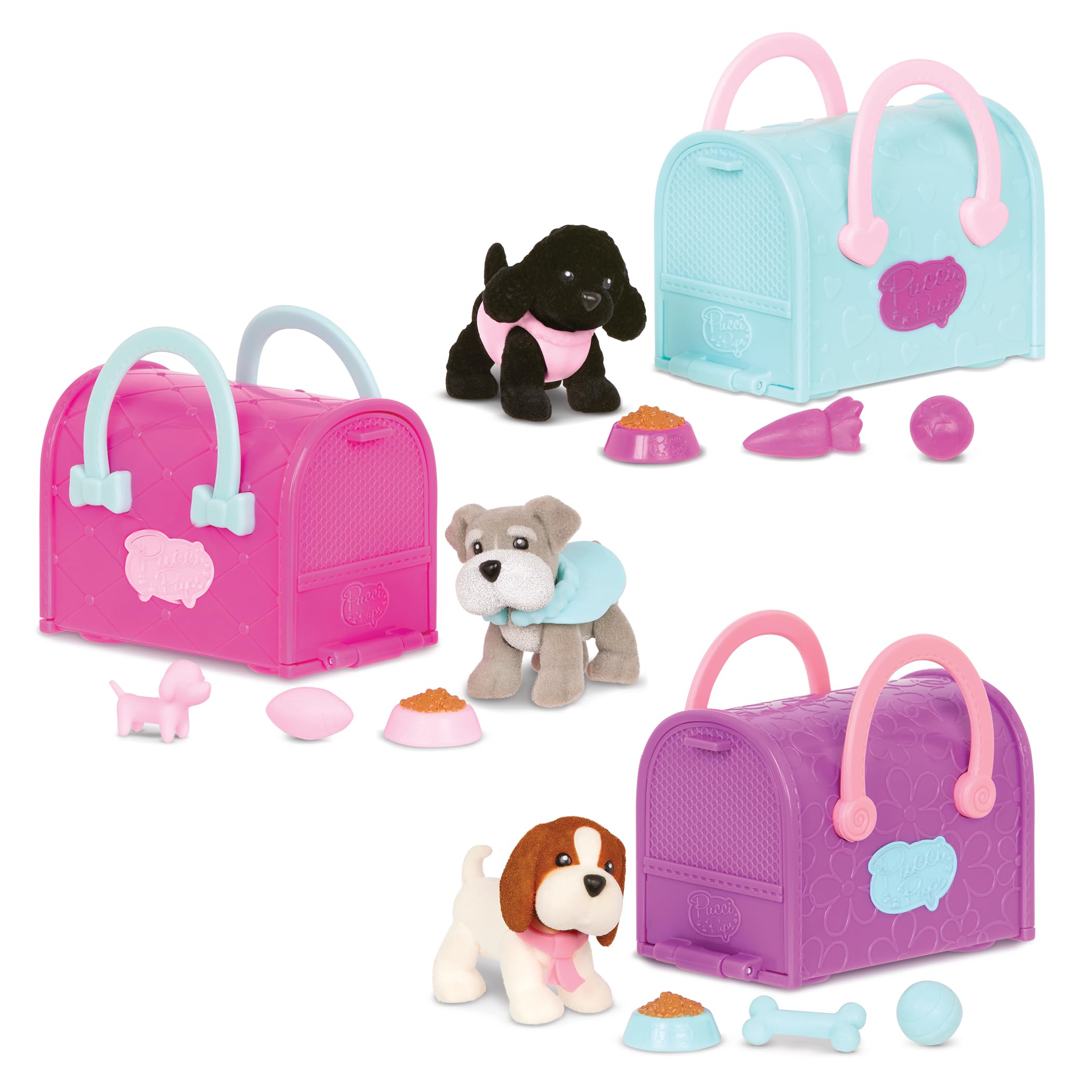 Pucci Pups Collectible Puppy Set – Beagle, Schnauzer, Poodle with Carrier Purse and Accessories – 18 Pieces
