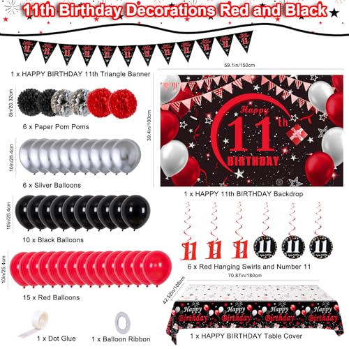Puchod 11th Birthday Decorations Red Black Set – Backdrop Banner, Tablecloth, Balloons for Boys Girls