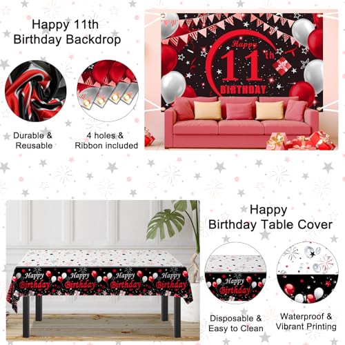Puchod 11th Birthday Decorations Red Black Set – Backdrop Banner, Tablecloth, Balloons for Boys Girls