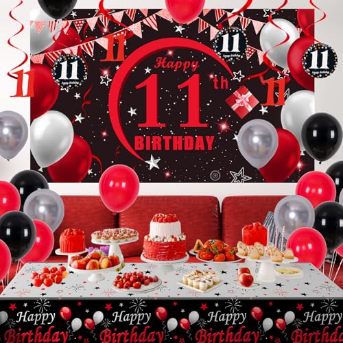 Puchod 11th Birthday Decorations Red Black Set – Backdrop Banner, Tablecloth, Balloons for Boys Girls
