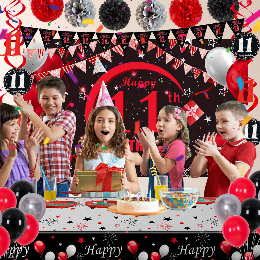 Puchod 11th Birthday Decorations Red Black Set – Backdrop Banner, Tablecloth, Balloons for Boys Girls