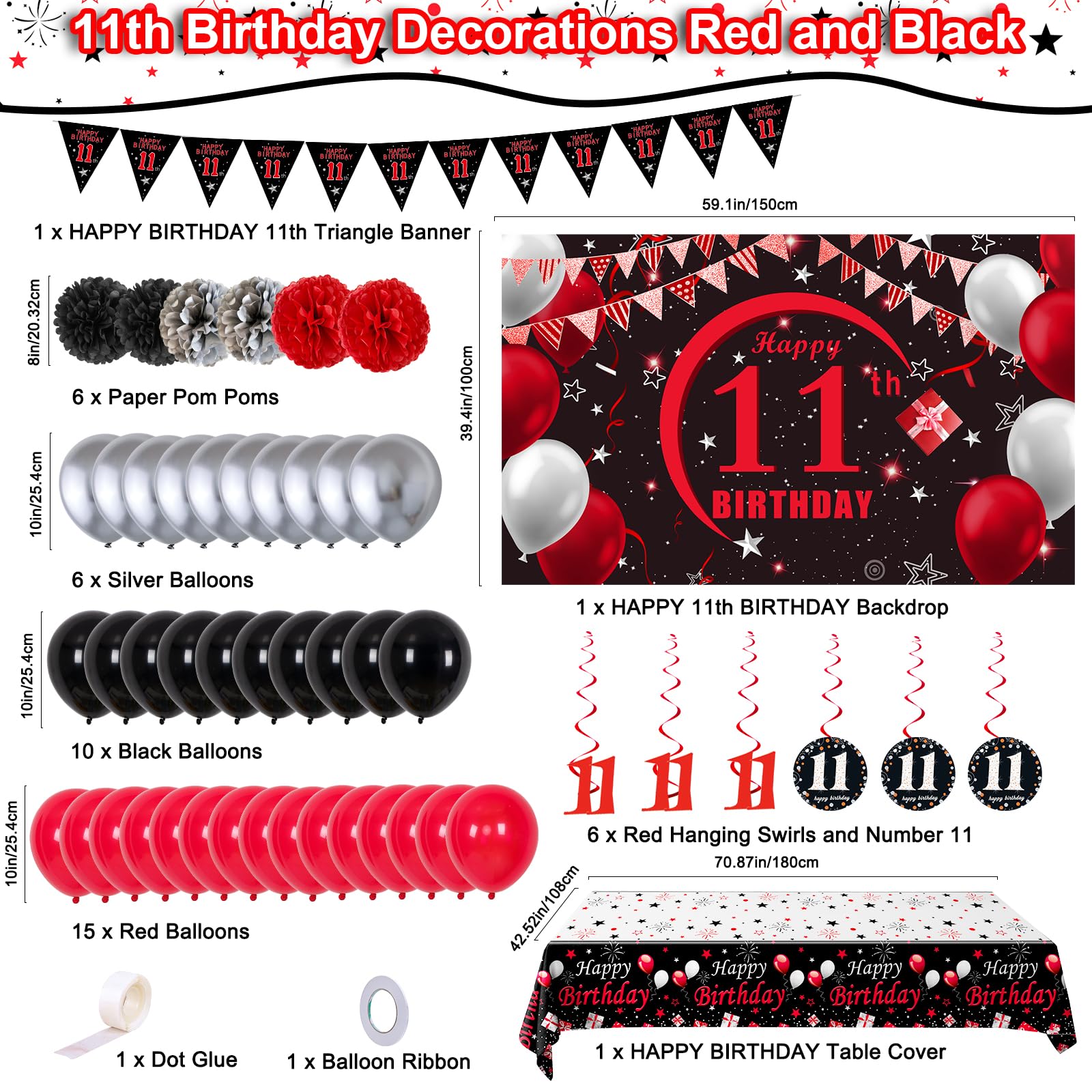 Puchod 11th Birthday Decorations Red Black Set – Backdrop Banner, Tablecloth, Balloons for Boys Girls