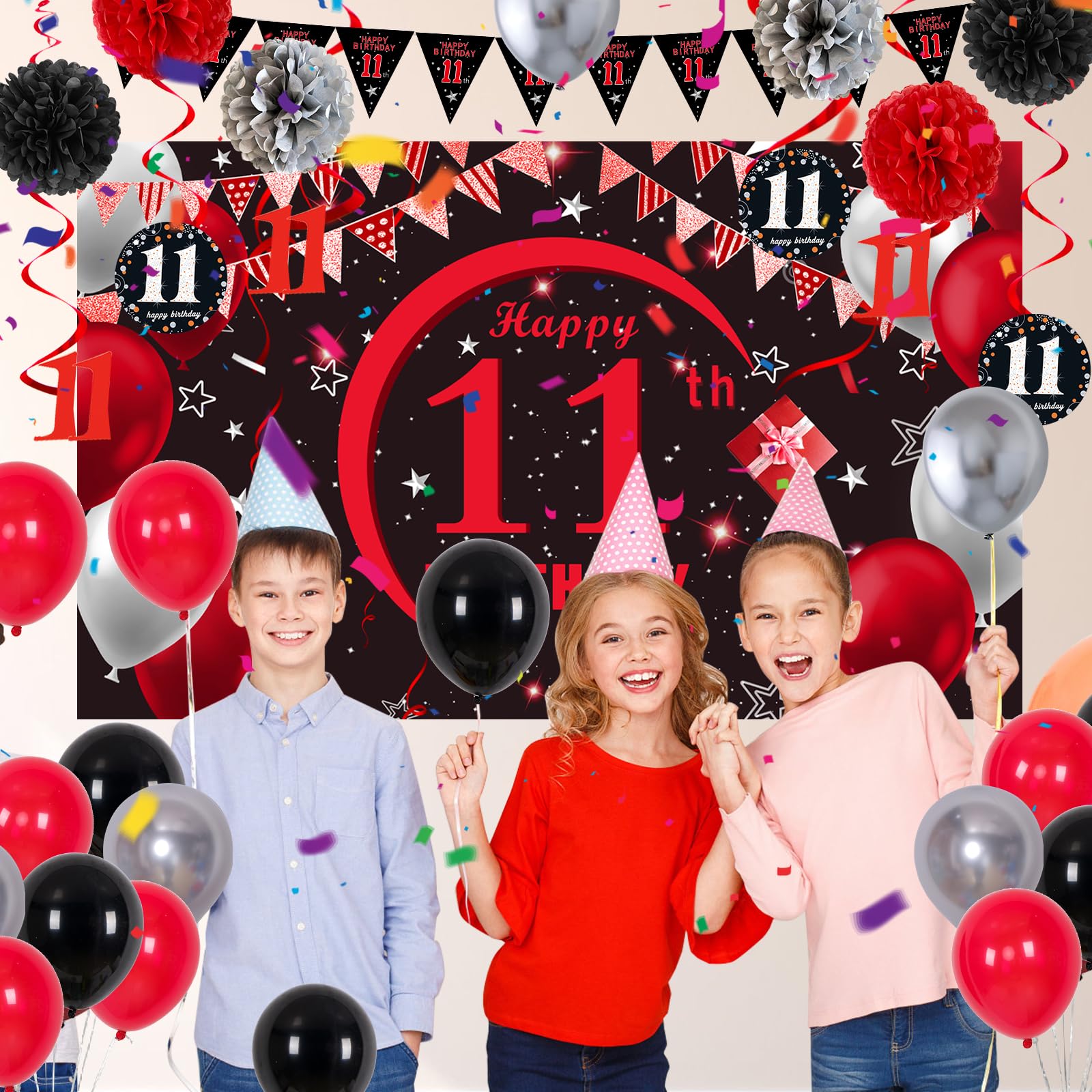 Puchod 11th Birthday Decorations Red Black Set – Backdrop Banner, Tablecloth, Balloons for Boys Girls