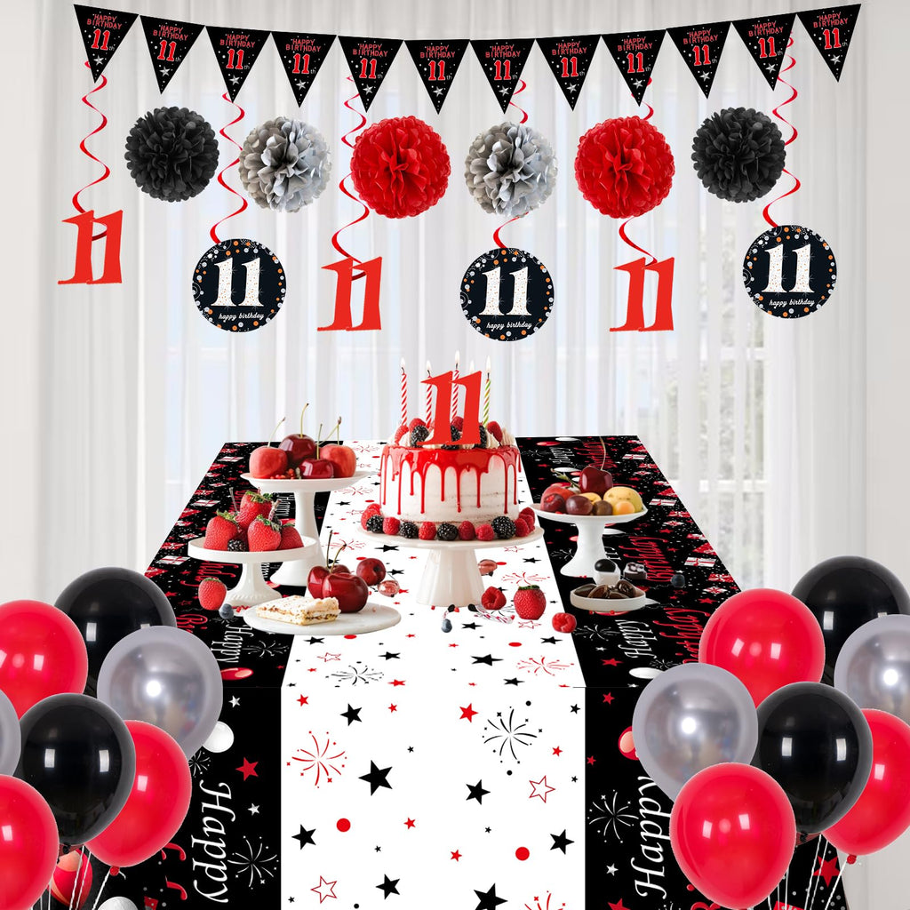 Puchod 11th Birthday Decorations Red Black Set – Backdrop Banner, Tablecloth, Balloons for Boys Girls