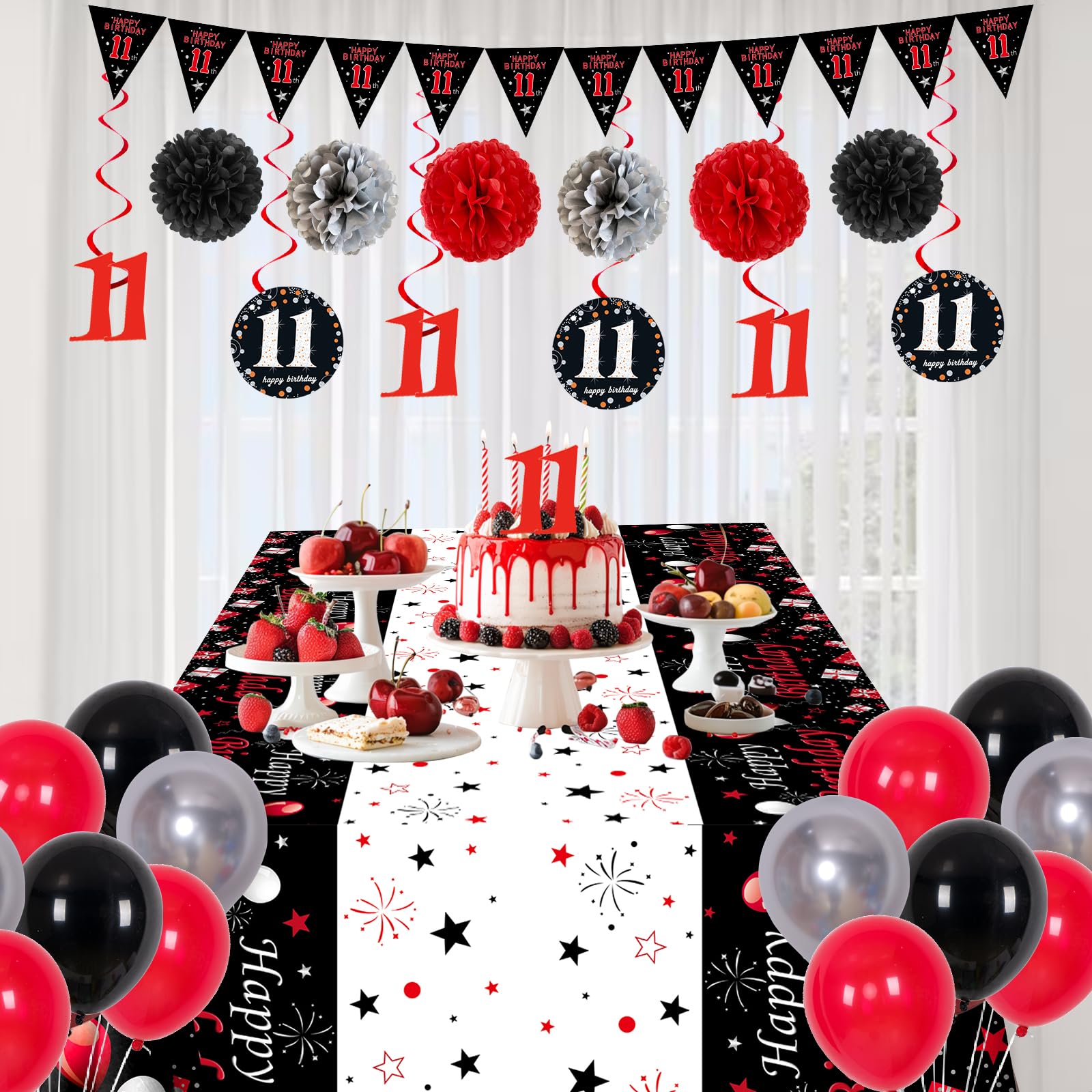 Puchod 11th Birthday Decorations Red Black Set – Backdrop Banner, Tablecloth, Balloons for Boys Girls