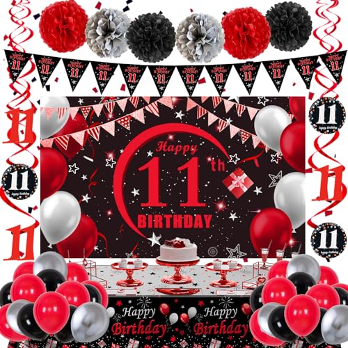 Puchod 11th Birthday Decorations Red Black Set – Backdrop Banner, Tablecloth, Balloons for Boys Girls
