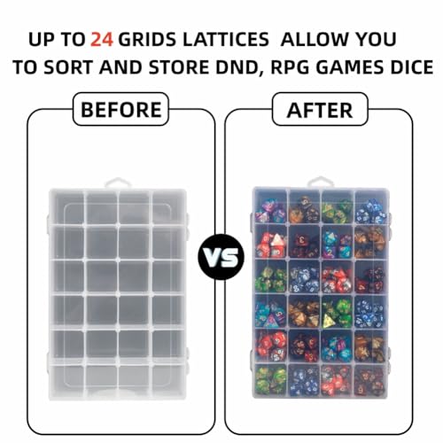 PUGED 2 Pack DND Dice Storage Box – 24 Grids Each with Removable Dividers, Holds Up to 300 Dice, Transparent PP Organizer for RPG Geeks and Crafters