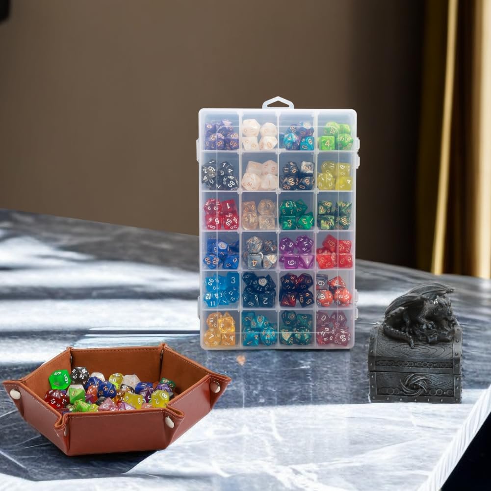 PUGED 2 Pack DND Dice Storage Box – 24 Grids Each with Removable Dividers, Holds Up to 300 Dice, Transparent PP Organizer for RPG Geeks and Crafters