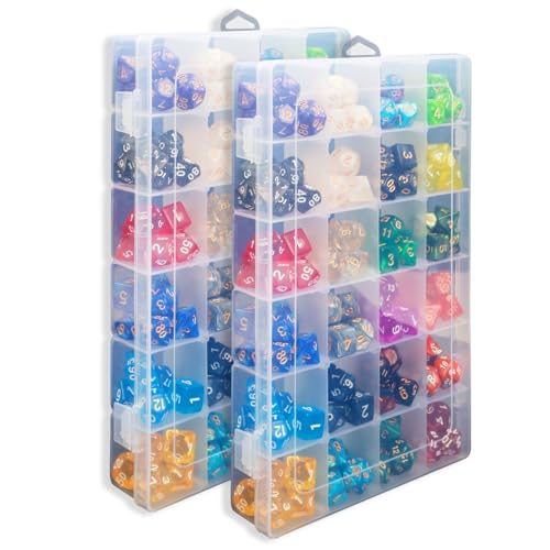 PUGED 2 Pack DND Dice Storage Box – 24 Grids Each with Removable Dividers, Holds Up to 300 Dice, Transparent PP Organizer for RPG Geeks and Crafters