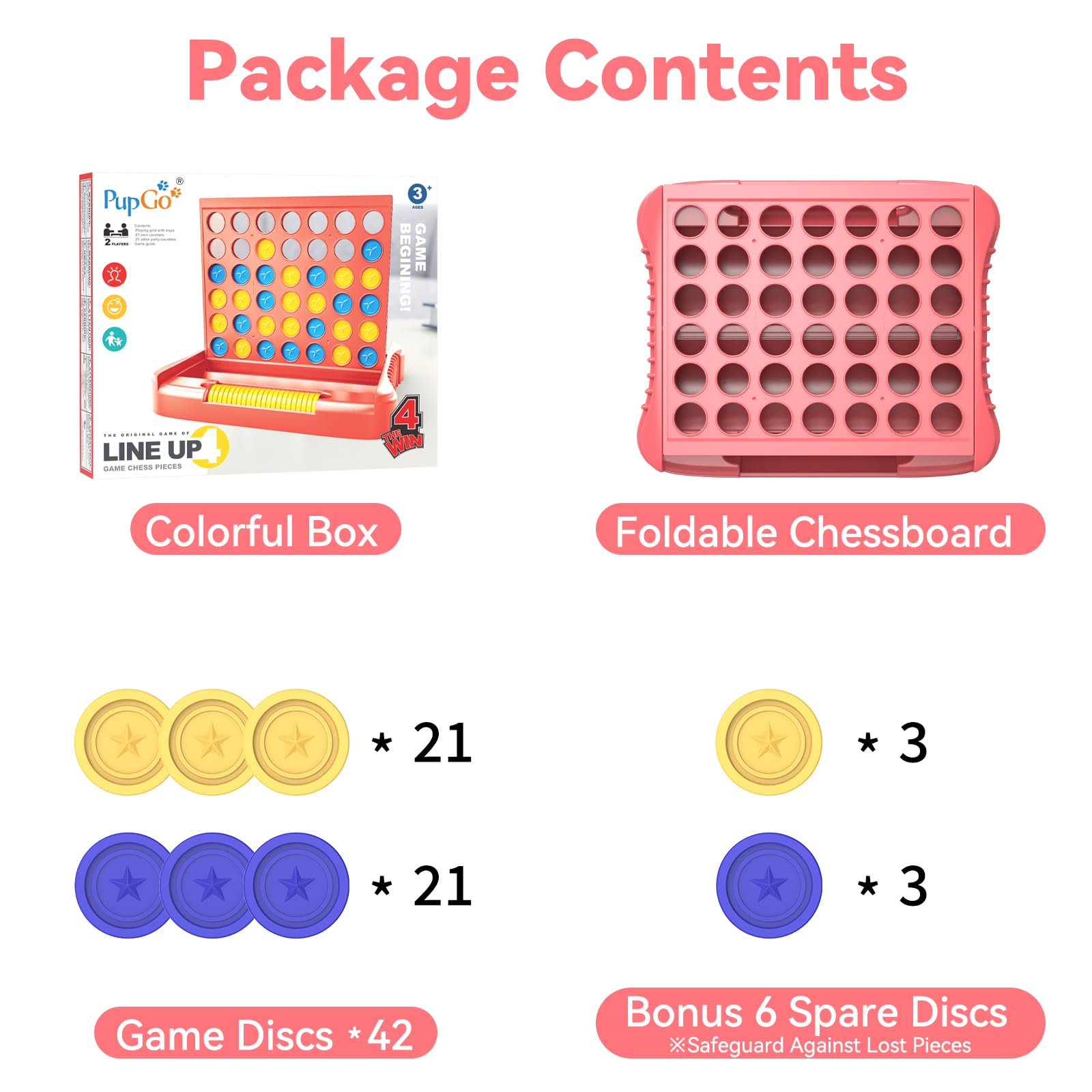 Pup Go 4 in a Row Game - Pink, Portable Foldable Travel Board Game for 2 Players