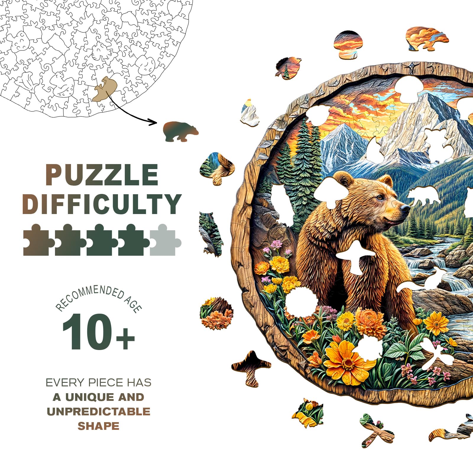 Purdicra Majestic Bear Wooden Jigsaw Puzzle – 290 Unique Pieces for Adult Challenge