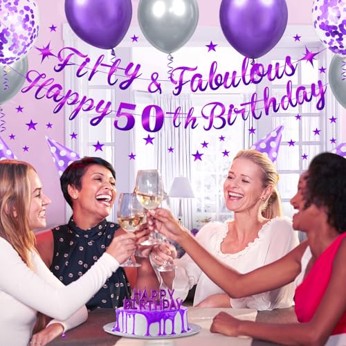 Purple 50th Birthday Decorations Set – Fifty and Fabulous Banner, Number 50 Foil Balloon, and More for Women and Men