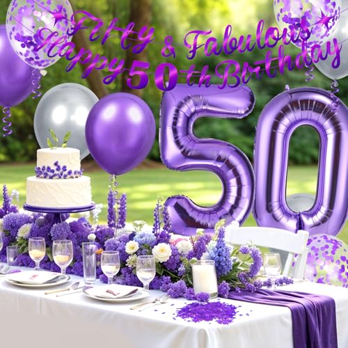 Purple 50th Birthday Decorations Set – Fifty and Fabulous Banner, Number 50 Foil Balloon, and More for Women and Men