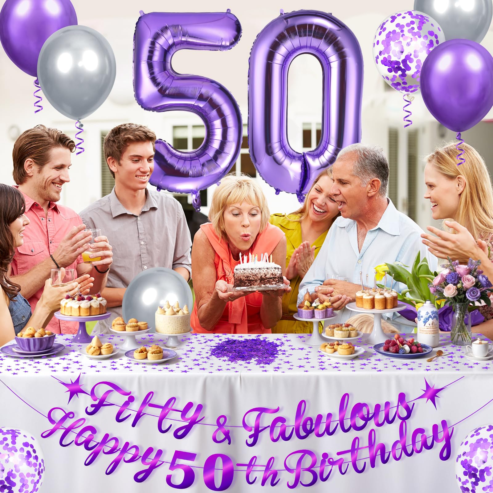 Purple 50th Birthday Decorations Set – Fifty and Fabulous Banner, Number 50 Foil Balloon, and More for Women and Men