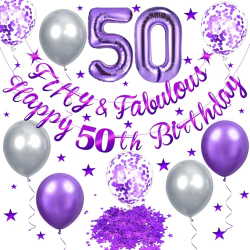 Purple 50th Birthday Decorations Set – Fifty and Fabulous Banner, Number 50 Foil Balloon, and More for Women and Men