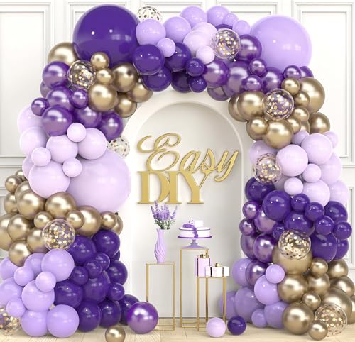 Purple and Gold Balloon Arch & Garland Kit - 100 Balloons with Confetti, Glue Dots, Strip, and Ribbon for Birthday or Graduation Party Decor