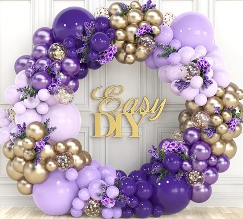 Purple and Gold Balloon Arch & Garland Kit - 100 Balloons with Confetti, Glue Dots, Strip, and Ribbon for Birthday or Graduation Party Decor