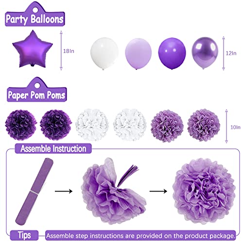 Purple and White Birthday Decorations Set – 61 Pieces with Butterflies, Banner, Pom Poms & Balloons for Women Girls Kids