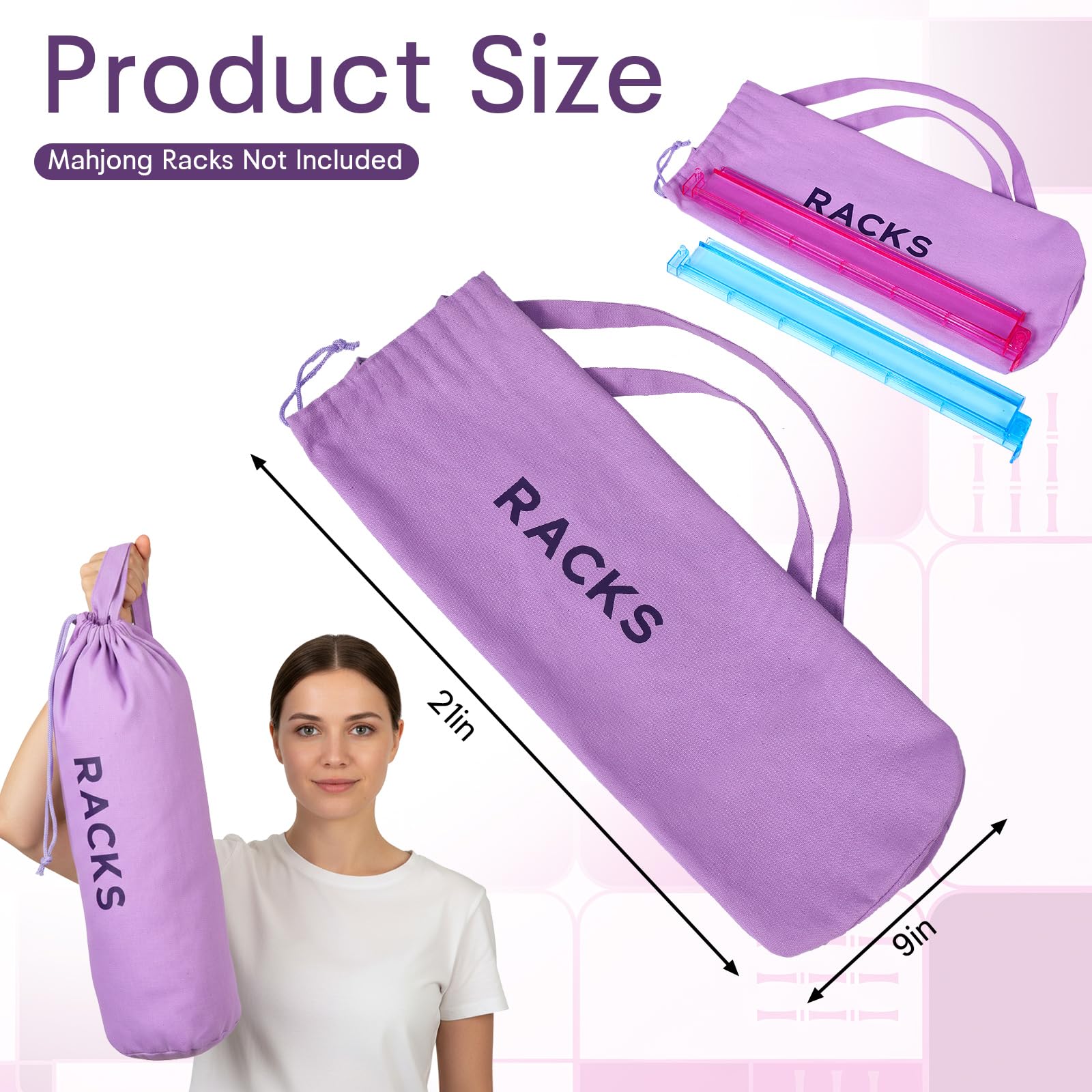 Purple Canvas Drawstring Mahjong Rack Bag - 21x6.3 Inch Storage for Tiles & Pushers