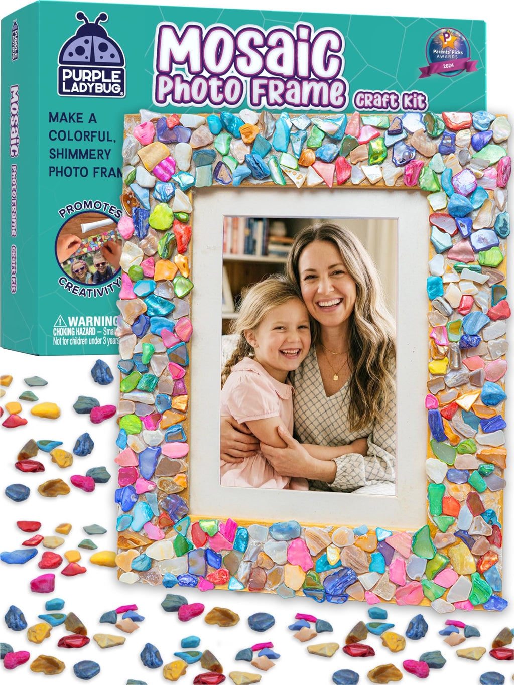 PURPLE LADYBUG DIY Mosaic Photo Frame Kit - Creative Craft for Kids Ages 6-12, Includes Mother of Pearl Shells, Wooden Frame, Glue & Spreader - Great Gift for Girls and Tweens