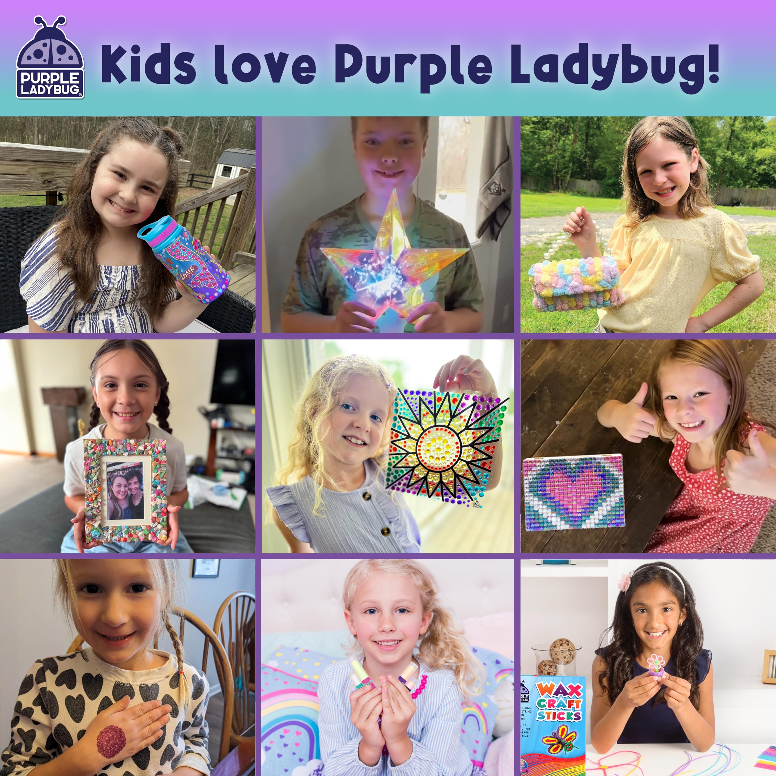 PURPLE LADYBUG DIY Mosaic Photo Frame Kit - Creative Craft for Kids Ages 6-12, Includes Mother of Pearl Shells, Wooden Frame, Glue & Spreader - Great Gift for Girls and Tweens