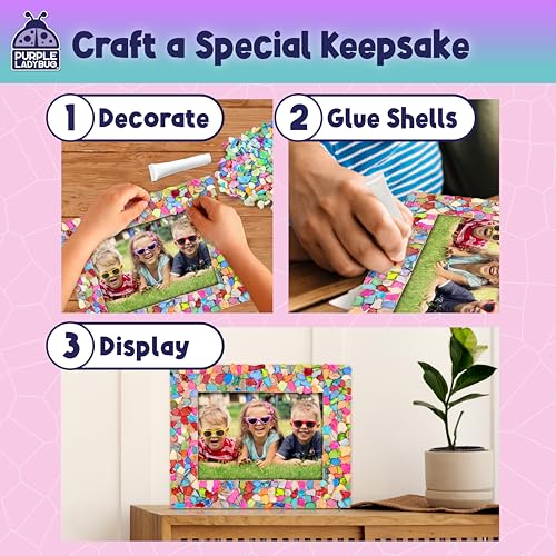 PURPLE LADYBUG DIY Mosaic Photo Frame Kit - Creative Craft for Kids Ages 6-12, Includes Mother of Pearl Shells, Wooden Frame, Glue & Spreader - Great Gift for Girls and Tweens