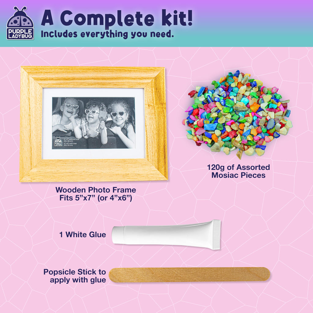 PURPLE LADYBUG DIY Mosaic Photo Frame Kit - Creative Craft for Kids Ages 6-12, Includes Mother of Pearl Shells, Wooden Frame, Glue & Spreader - Great Gift for Girls and Tweens