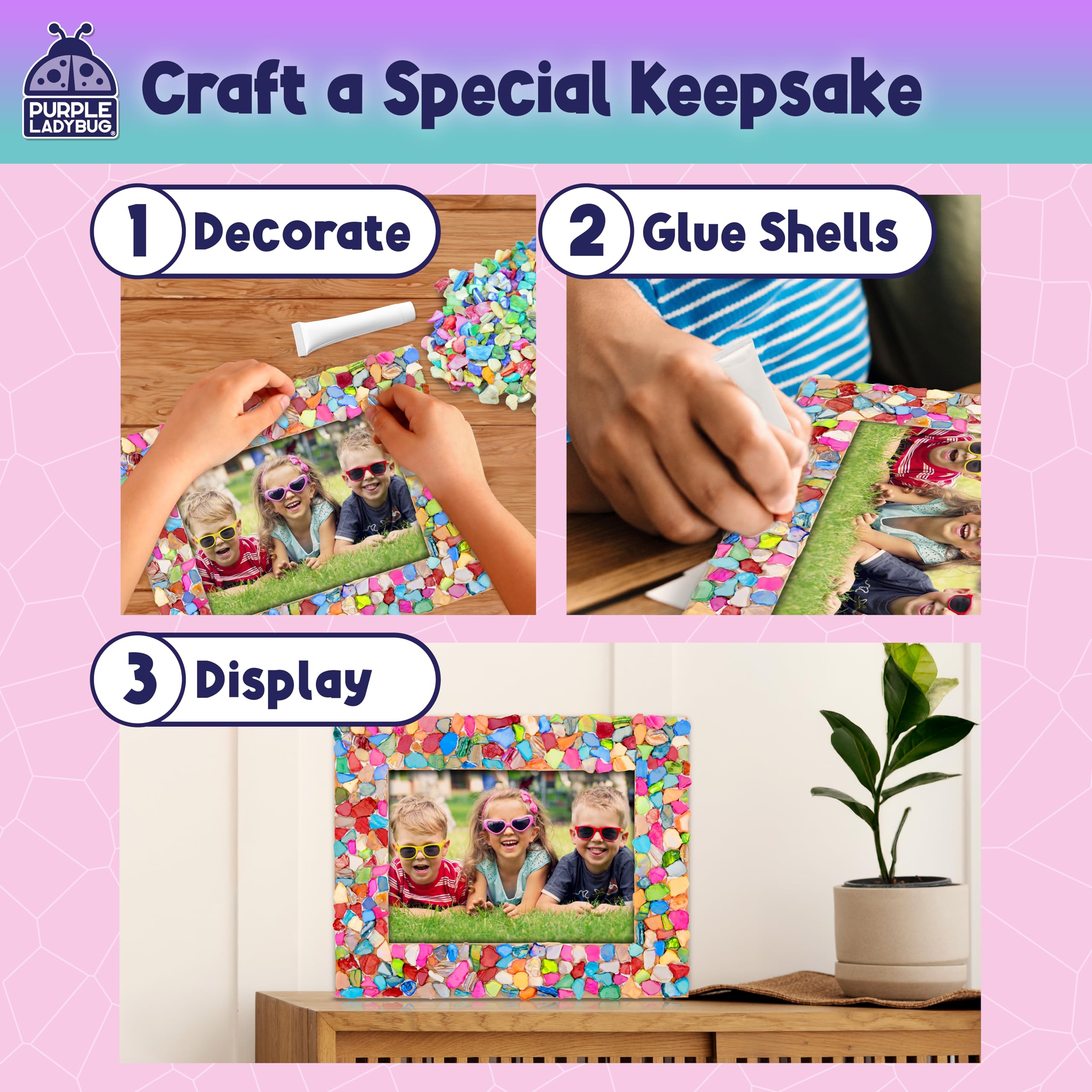 PURPLE LADYBUG DIY Mosaic Photo Frame Kit - Creative Craft for Kids Ages 6-12, Includes Mother of Pearl Shells, Wooden Frame, Glue & Spreader - Great Gift for Girls and Tweens