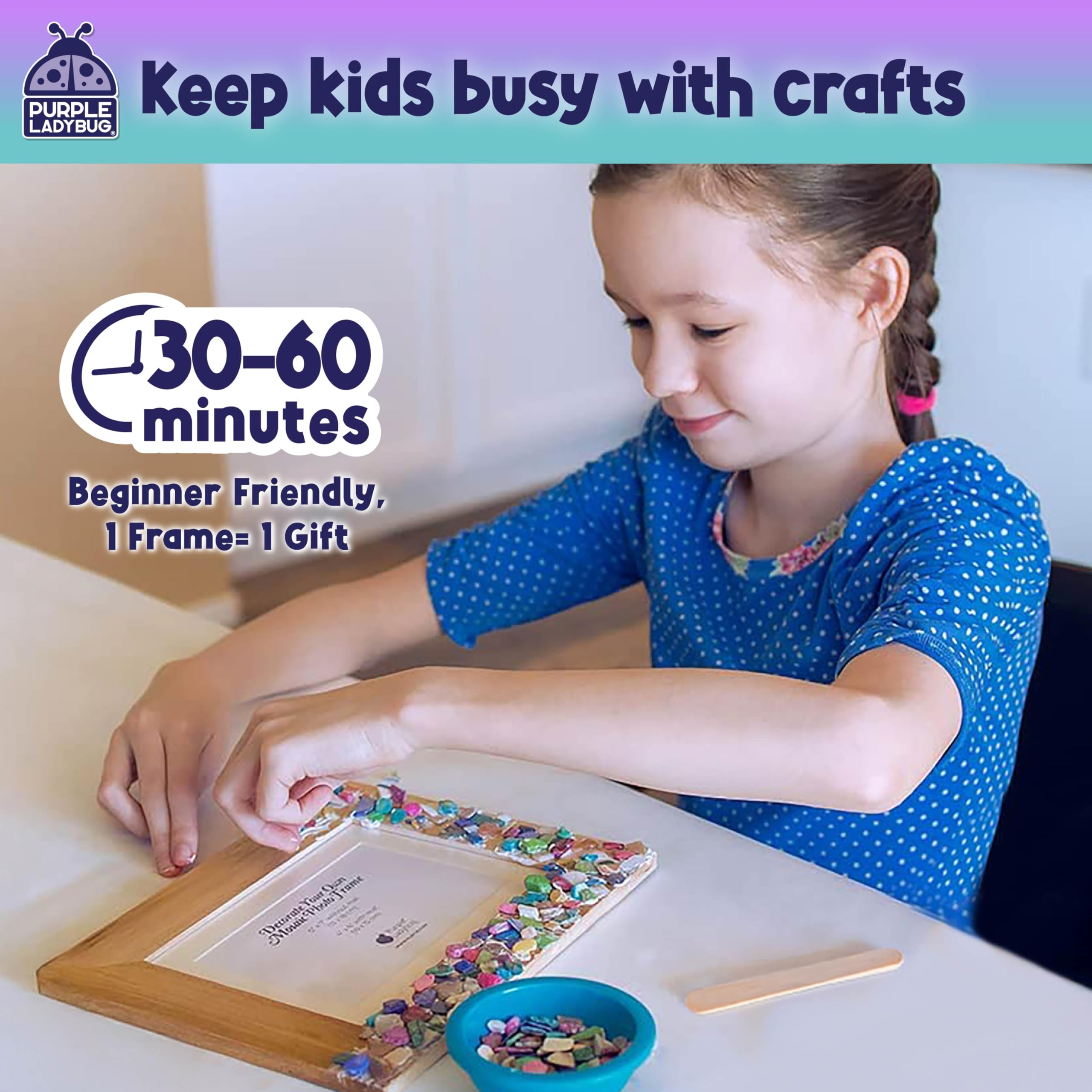 PURPLE LADYBUG DIY Mosaic Photo Frame Kit - Creative Craft for Kids Ages 6-12, Includes Mother of Pearl Shells, Wooden Frame, Glue & Spreader - Great Gift for Girls and Tweens