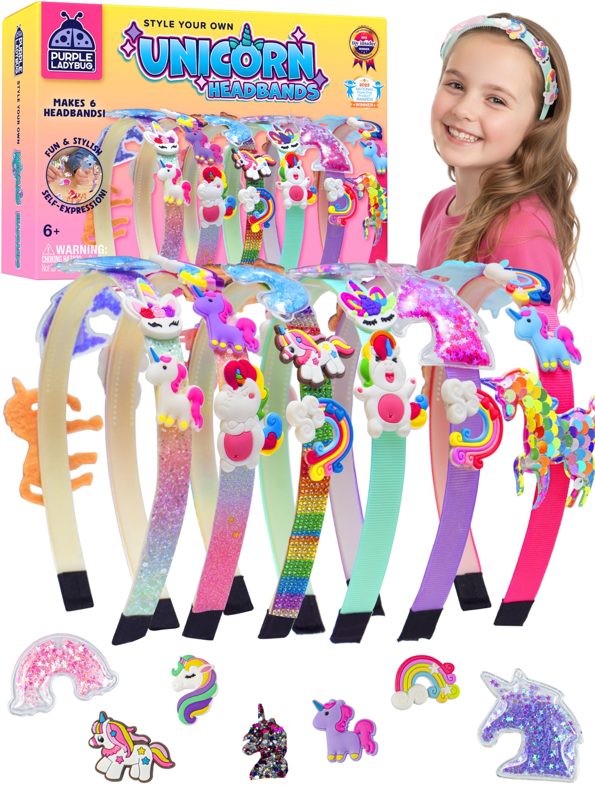 PURPLE LADYBUG DIY Unicorn Headbands Kit – 6 Craftable Hair Accessories with 29 Charms, Gift for Girls Ages 6+