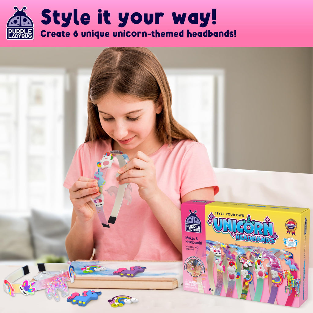 PURPLE LADYBUG DIY Unicorn Headbands Kit – 6 Craftable Hair Accessories with 29 Charms, Gift for Girls Ages 6+