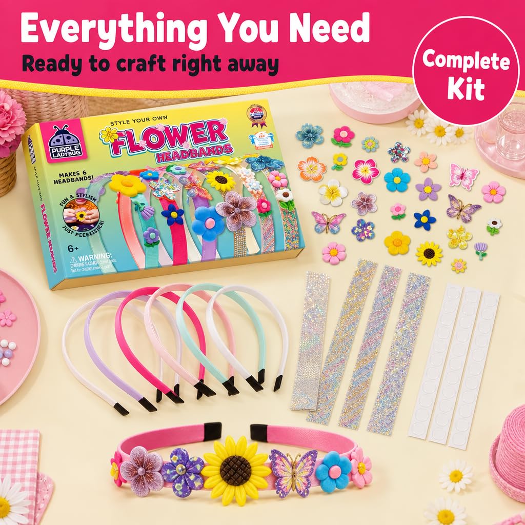 PURPLE LADYBUG Flower Headband Making Kit – DIY Craft Set for Girls Ages 5-9