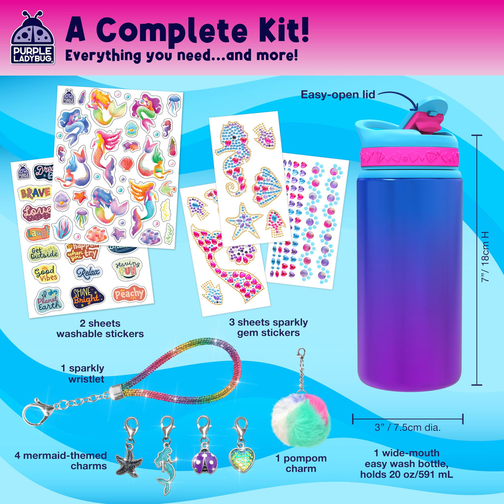 PURPLE LADYBUG Mermaid Water Bottle Decorating Kit for Girls Ages 5-10