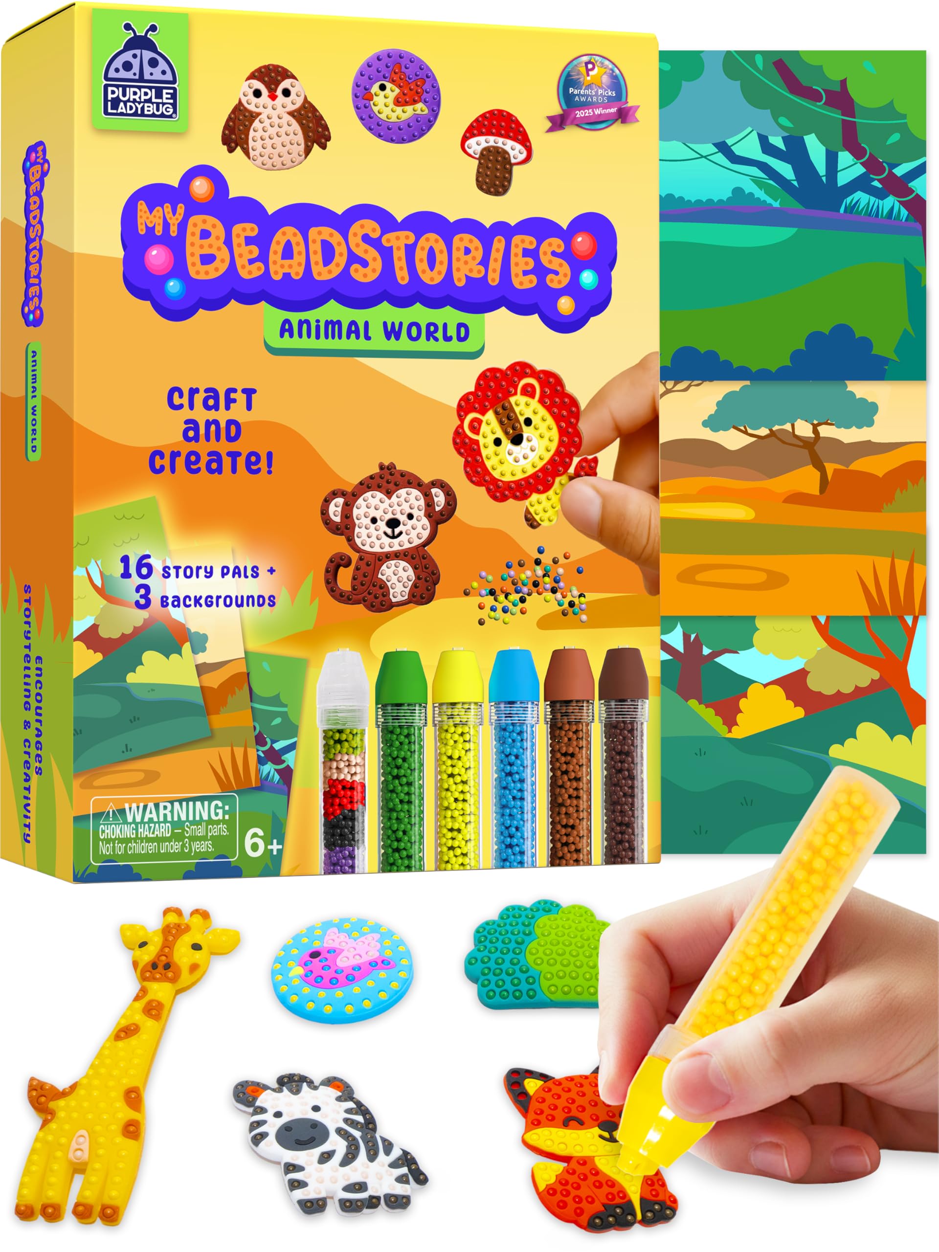 PURPLE LADYBUG My BeadStories Animal World - DIY Bead Art Craft Kit for Kids Ages 4-8 (19 Story Pals, 3 Scenes, 6 Pens)
