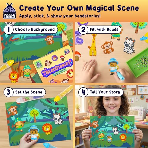 PURPLE LADYBUG My BeadStories Animal World - DIY Bead Art Craft Kit for Kids Ages 4-8 (19 Story Pals, 3 Scenes, 6 Pens)