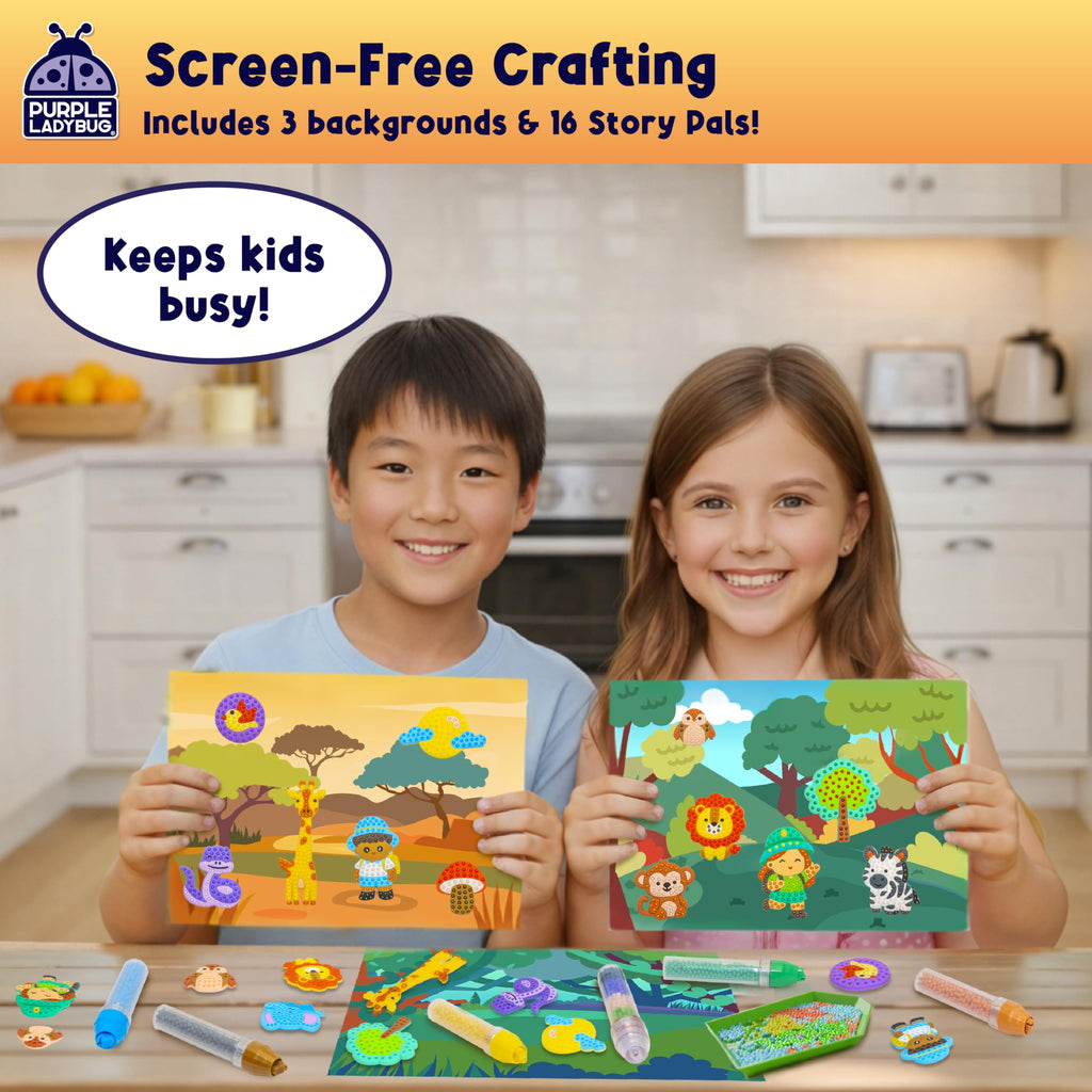 PURPLE LADYBUG My BeadStories Animal World - DIY Bead Art Craft Kit for Kids Ages 4-8 (19 Story Pals, 3 Scenes, 6 Pens)