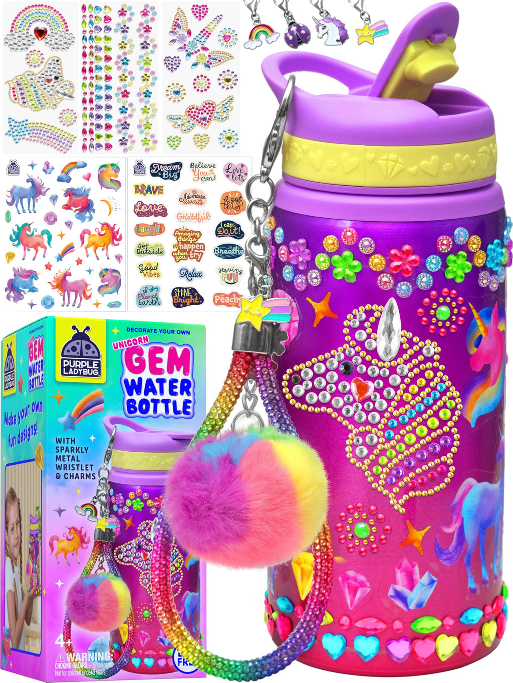 PURPLE LADYBUG Unicorn Water Bottle Decorating Kit for Girls Ages 6-12 - 20oz Craft Set with Gemstones, Stickers & Charms