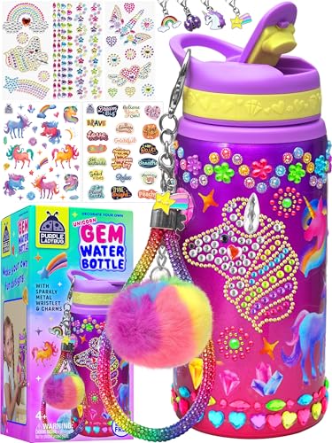 PURPLE LADYBUG Unicorn Water Bottle Decorating Kit for Girls Ages 6-12 - 20oz Craft Set with Gemstones, Stickers & Charms