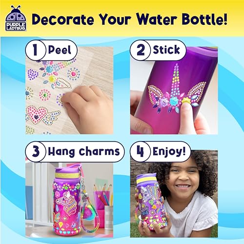 PURPLE LADYBUG Unicorn Water Bottle Decorating Kit for Girls Ages 6-12 - 20oz Craft Set with Gemstones, Stickers & Charms